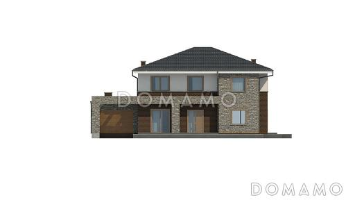 Проект просторного современного двухэтажного дома из кирпича с тремя спальнями, кабинетом, гаражом и сауной / Фасад 3
