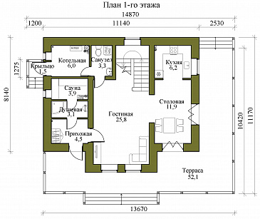 Проект двухэтажного каркасного дома со вторым светом, просторной крытой террасой и сауной / План 1 этажа