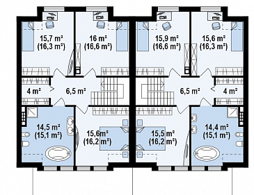 Проект современных мансардных домов-близнецов из газобетона с гаражом, тремя спальнями и красивым слуховым окном и балконом / План мансардного этажа
