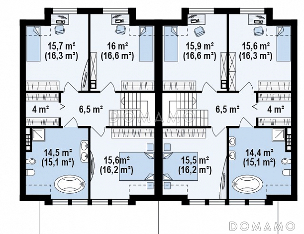 Проект современных мансардных домов-близнецов из газобетона с гаражом, тремя спальнями и красивым слуховым окном и балконом / План мансардного этажа