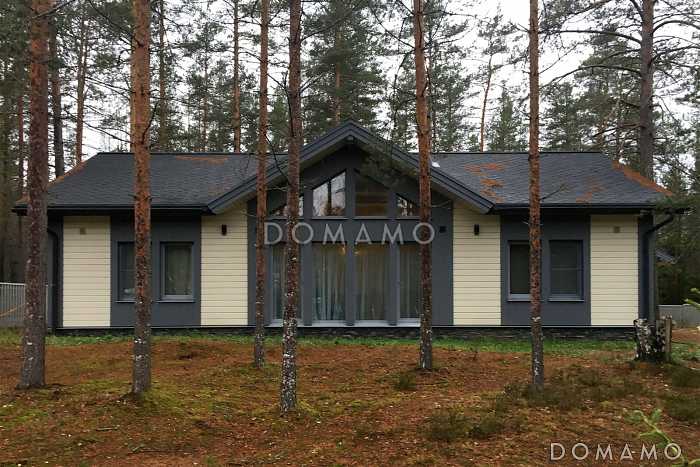 Проект каркасного дома в скандинавском стиле с панорамными окнами и светлой гостиной