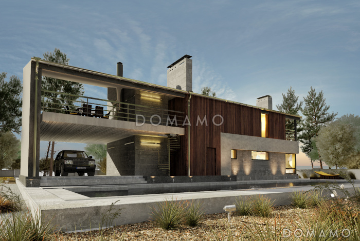 Проект современного дома с навесом на два автомобиля, большой террасой с барбекю, вторым светом, сауной