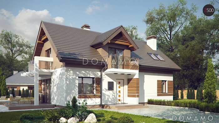 Проект одноэтажного мансардного дома из кирпича с четырьмя комнатами и тремя балконами