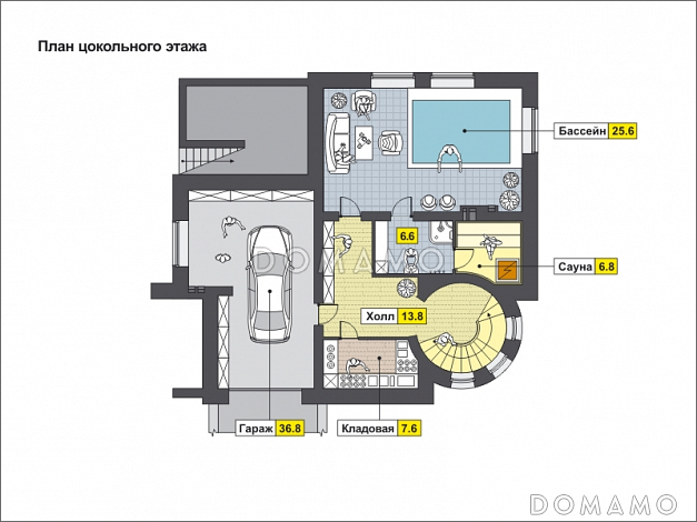 Дом с башней и зеленой крышей, с цокольным этажом, гаражом на одну машину / План цокольного этажа