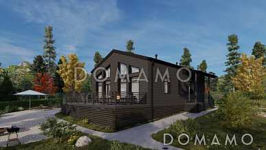 Проект каркасного дома с патио, мансардой и открытой террасой