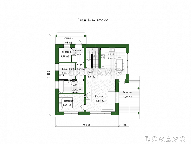 Проект двухэтажного дома из газобетона с окнами в пол и вторым светом / План 1 этажа