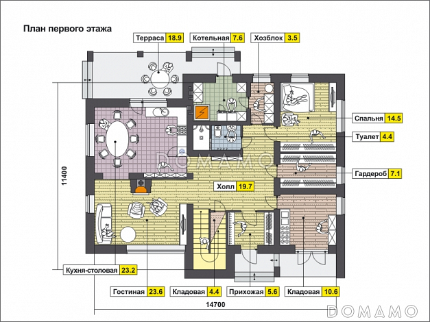Проект дома с крытой террасой, гостиной с камином, большой кладовой, спальней на первом этаже, вторым светом, остекленной лоджией и балконом / План 1 этажа