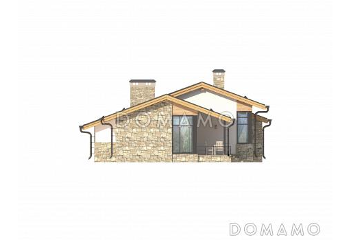 Проект одноэтажного дома по технологии ЛСТК с крытой террасой, сауной, тремя спальнями, большой кухней-столовой / Фасад 3