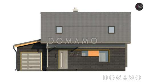 Проект компактного одноэтажного дома из кирпича с ночной зоной на мансардном этаже и с гаражом / Фасад 3