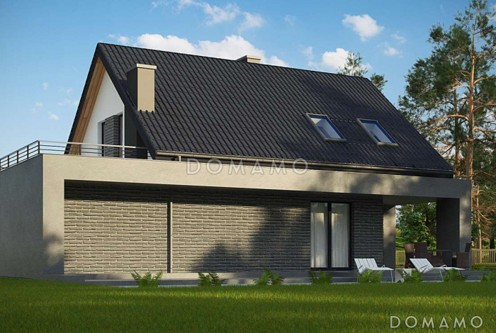 Проект одноэтажного мансардного дома из кирпича в современном стиле, с гаражом и террасой над ним