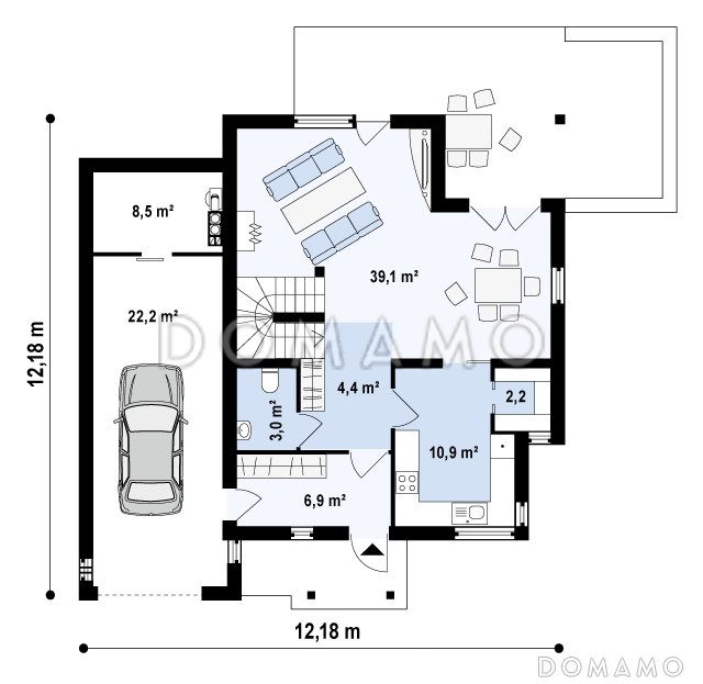 Проект современного одноэтажного мансардного дома из газобетона с тремя комнатами, угловой террасой и гаражом / План 1 этажа