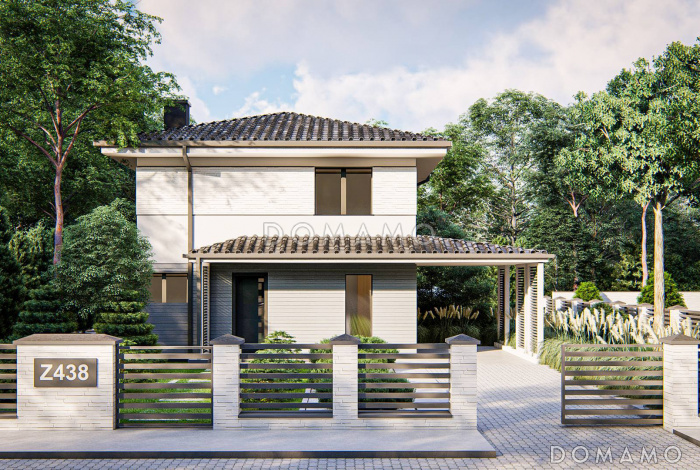 Проект двухэтажного дома с кабинетом, зоной кухни с окном, гостиной с выходом на крытую террасу