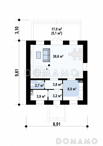 Проект дома с отделкой кирпичом, камином в гостиной, изолированной кухней, открытой террасой / План 1 этажа