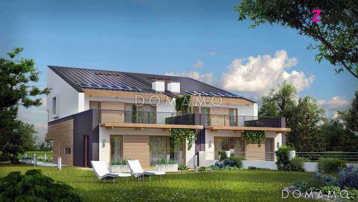 Проект мансардных домов-близнецов из кирпича современного дизайна с гаражом и террасой на втором этаже