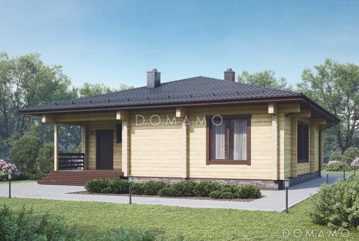 Проект одноэтажного дома из бруса с тремя спальнями и террасой