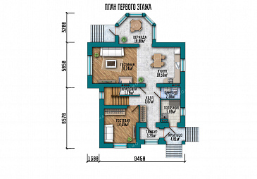 Проект дома с 4 спальнями, просторной ванной и полукруглой верандой / План 1 этажа