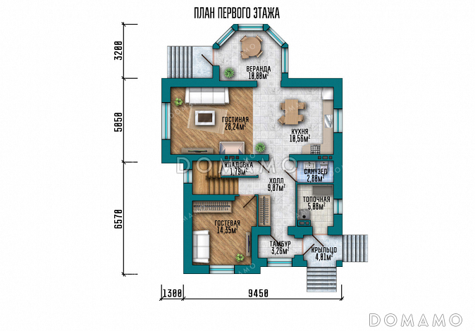 Проект дома с 4 спальнями, просторной ванной и полукруглой верандой / План 1 этажа
