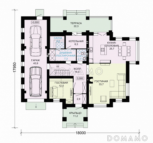 Проект дома из газобетона с гаражом на два автомобиля и бильярдной комнатой / План 1 этажа