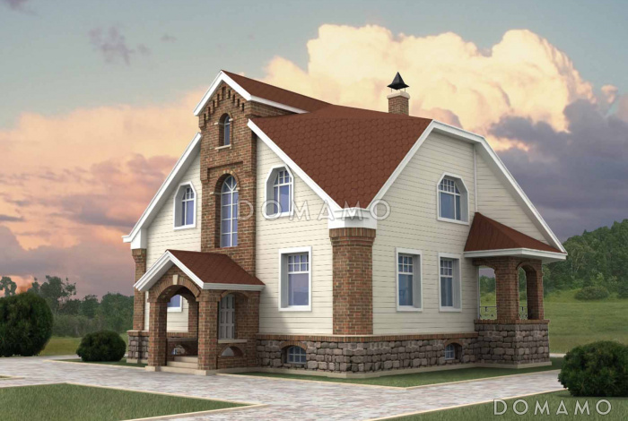 Проект коттеджа с подвалом и зимним садом из кирпича