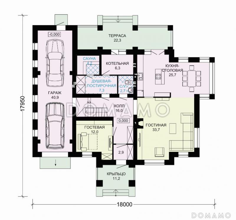 Проект дома из газобетона с гаражом на два автомобиля и бильярдной комнатой / План 1 этажа