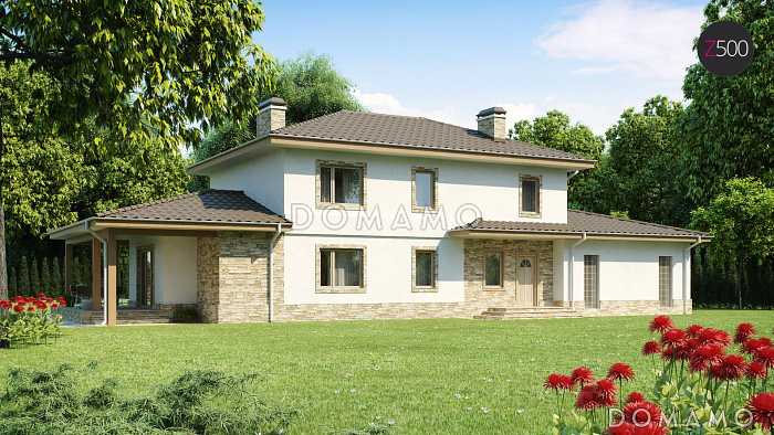 Проект красивого просторного двухэтажного коттеджа из кирпича с крытой террасой и гаражом