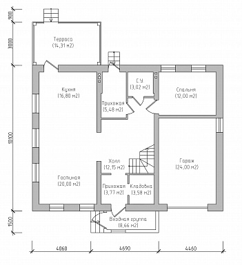 Проект яркого классического дома из СИП панелей с мансардой, террасой, гаражом и навесом для автомобиля / План 1 этажа