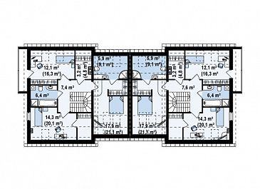 Проект современных мансардных домов-близнецов из кирпича с гаражом, тремя спальнями и балконом / План мансардного этажа