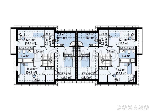 Проект современных мансардных домов-близнецов из кирпича с гаражом, тремя спальнями и балконом / План мансардного этажа