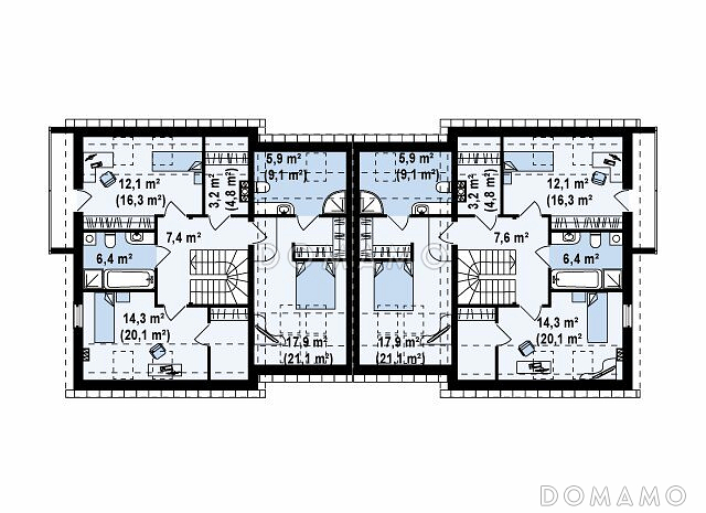 Проект современных мансардных домов-близнецов из кирпича с гаражом, тремя спальнями и балконом / План мансардного этажа