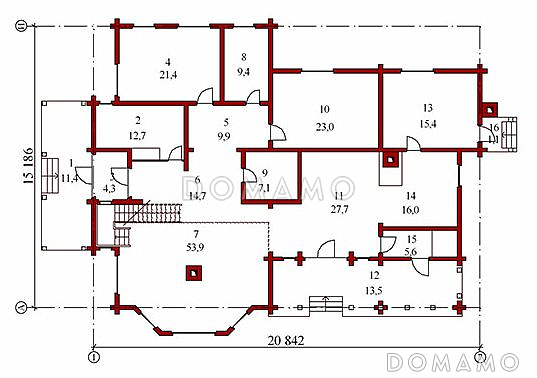 Проект двухэтажного дома из бруса / План 1 этажа