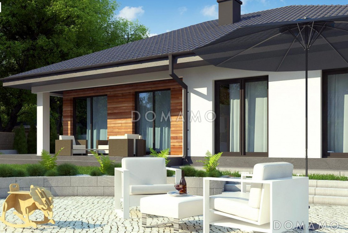 Проект компактного одноэтажного дома из газобетона с тремя спальнями и светлой просторной гостиной