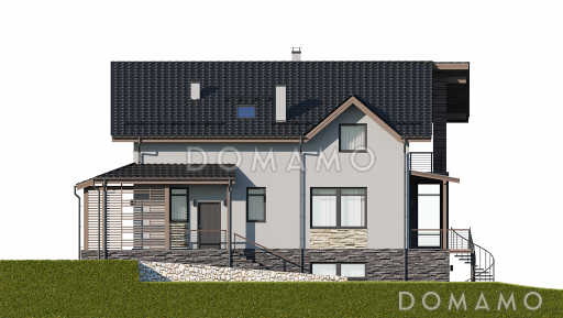 Проект загородного дома в стиле шале с верандой, балконом, сауной, бильярдной / Фасад 4