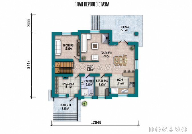 Проект дома со спортзалом и постирочной в подвале, 6 комнатами и террасой / План 1 этажа