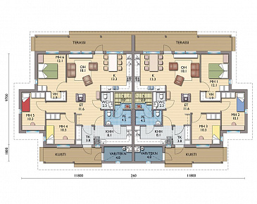 Проект одноэтажного дуплексного дома с сауной / План 1 этажа