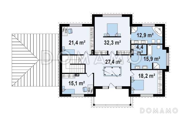 Проект большого двухэтажного дома из газобетона с четырьмя спальнями, гаражом, сауной и просторной дневной зоной / План 2 этажа