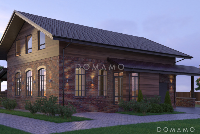 Проект яркого классического дома по технологии ЛСТК с мансардой, террасой, гаражом и навесом для автомобиля