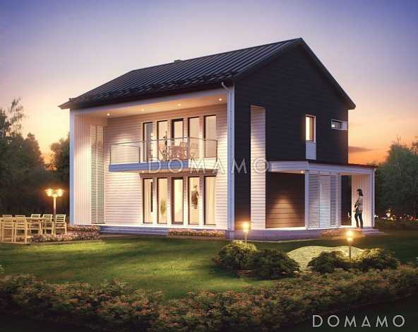 Проект современного двухэтажного каркасного дома с двускатной крышей