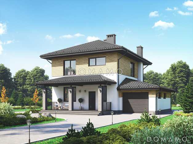 Проект двухэтажного дома с гаражом, террасой и камином в гостиной