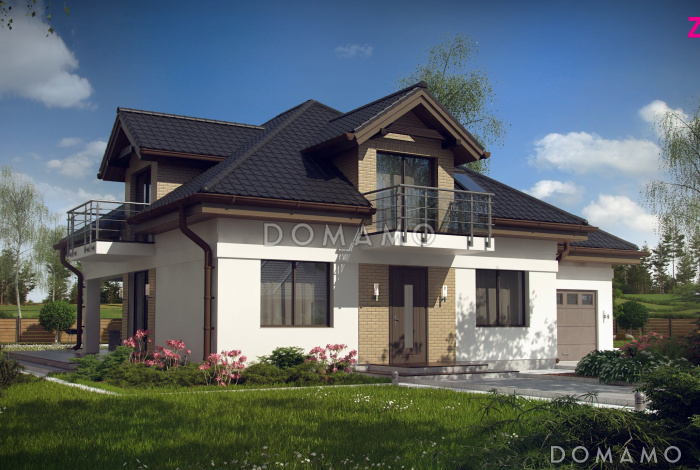 Проект одноэтажного мансардного дома из кирпича с кабинетом, гаражом и тремя балконами