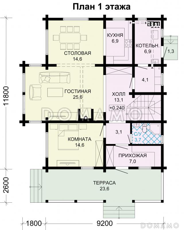 Проект дома из бруса с небольшой кухней / План 1 этажа