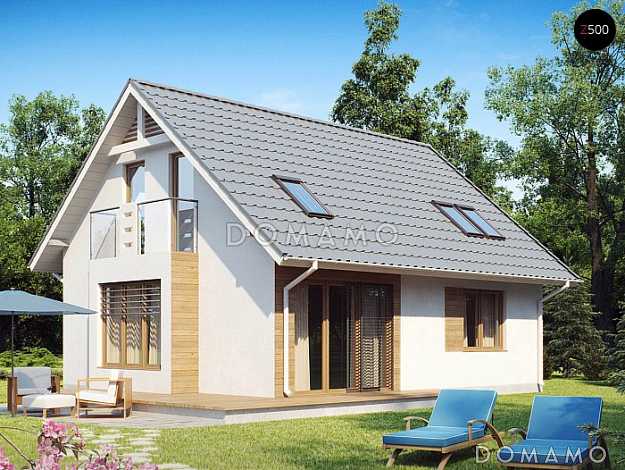 Проект загородного дома с мансардными окнами, балконом, открытой террасой