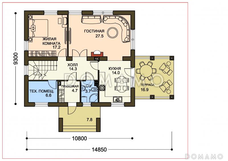 Проект небольшой виллы в средиземноморском стиле с крытой террасой и облицовкой камнем / План 1 этажа