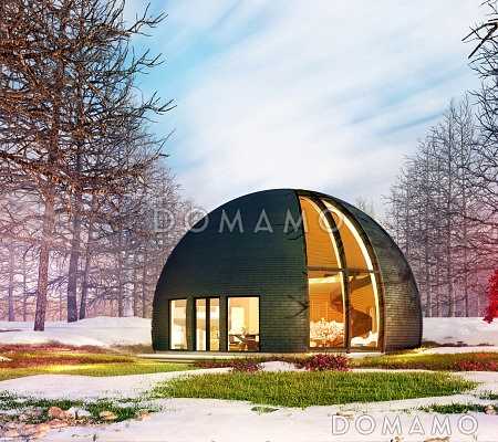 Проект сферического дома с большой гостиной с панорамным остеклением
