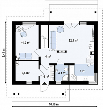 Проект компактного одноэтажного мансардного дома из кирпича с кабинетом и тремя спальнями и большой котельной / План 1 этажа