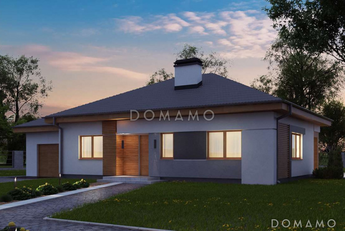 Проект одноэтажного дома из газобетона с тремя спальнями и небольшой крытой угловой террасой, увеличенная версия 273 с гаражом