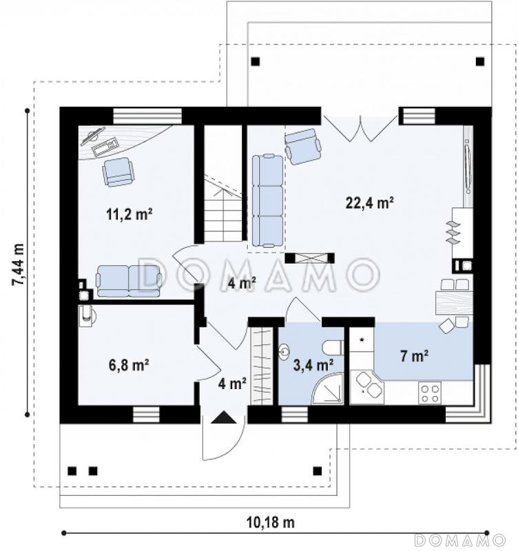 Проект компактного одноэтажного мансардного дома из кирпича с кабинетом и тремя спальнями и большой котельной / План 1 этажа