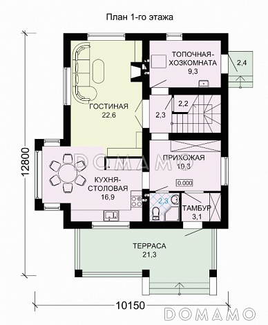 Проект двухэтажного дома из СИП панелей с тремя спальными комнатами / План 1 этажа