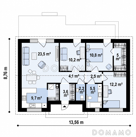 Проект одноэтажного дома с двумя санузлами и тремя комнатами / План 1 этажа