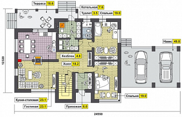 Проект дома с навесом для автомобилей, кухней с выходом на крытую террасу, двумя спальнями на первом этаже, вторым светом / План 1 этажа