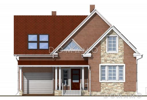 Проект дома с гаражом, мансардными и круглыми окнами, тремя спальными на мансардном этаже / Фасад 1